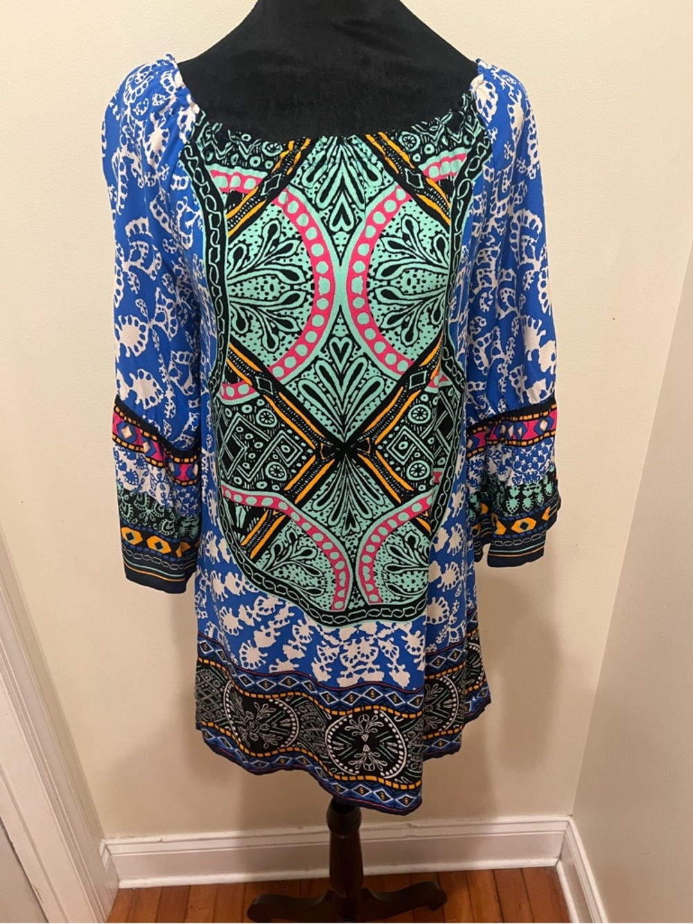 Boho Off Shoulder Shift Dress Small Blue Pink Tribal Print Bell Sleeve Lined - Picture 3 of 15
